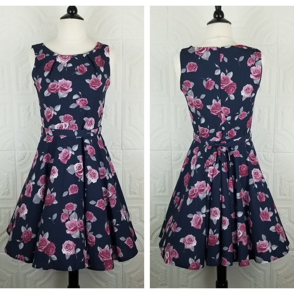 Iska London Navy Rose Fit & Flare Dress NWOT